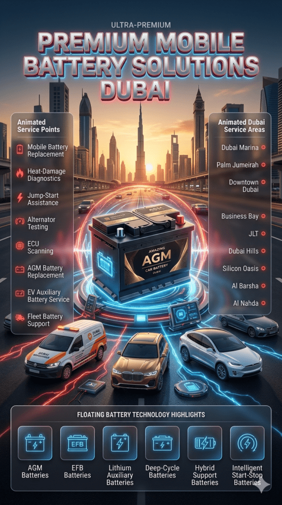 Luxury Dubai roadside battery replacement infographic showing a premium AGM battery in the center with AI diagnostics, emergency roadside services, and Dubai service areas highlighted around it.