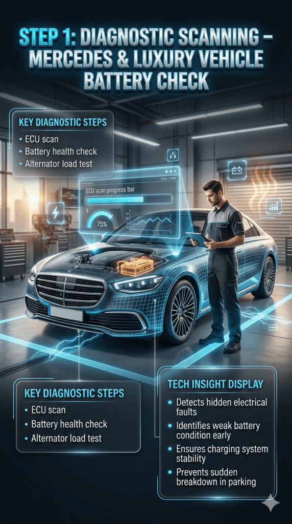 Car battery diagnostic scanning infographic showing ECU scan, battery health check, and alternator load test in luxury Mercedes workshop in Dubai with advanced automotive diagnostic tools and digital vehicle system analysis.