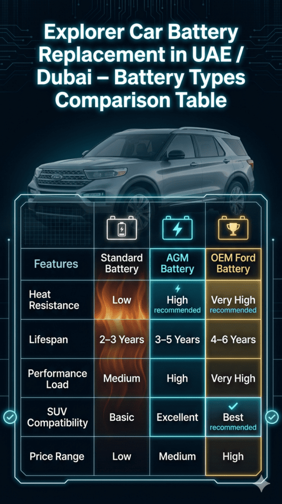 Explorer Car Battery Replacement in UAE / Dubai – Battery Types Comparison Table Ford Explorer Car Battery Replacement UAE Dubai comparison table showing standard AGM and OEM battery differences in heat resistance lifespan and performance
