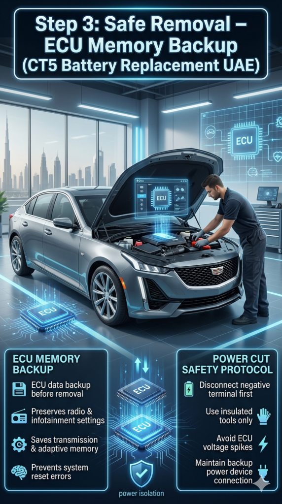 Automotive infographic showing Cadillac CT5 battery safe removal process with ECU memory backup and power cut safety protocol in modern UAE workshop.