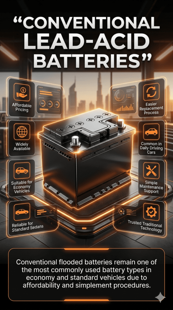 Infographic featuring a conventional lead-acid car battery in the center with side panels explaining affordability, easy replacement, and compatibility with economy vehicles.