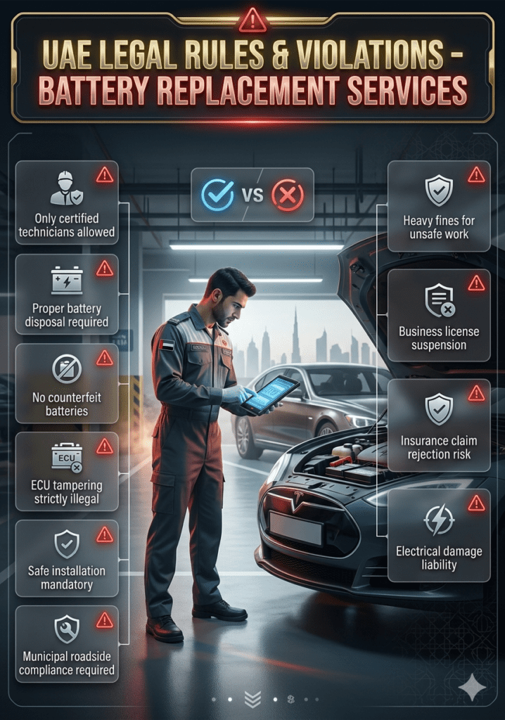 UAE automotive battery replacement legal compliance infographic showing certified technician, safety rules, and violation penalties in a futuristic premium design style.