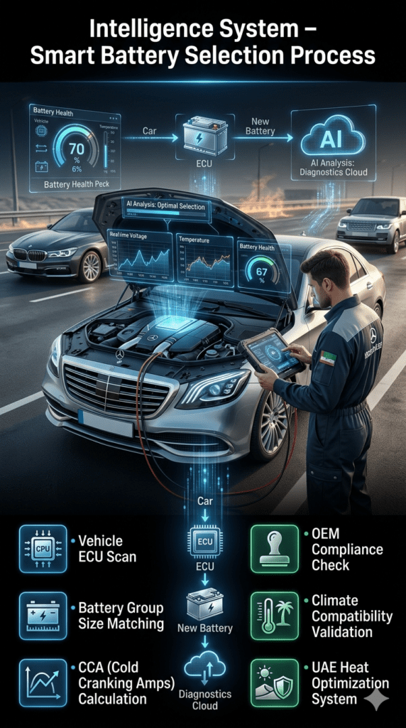 Futuristic automotive intelligence system showing technician performing ECU scan with digital overlays for battery selection, including CCA calculation, OEM checks, and climate compatibility validation for UAE heat conditions.