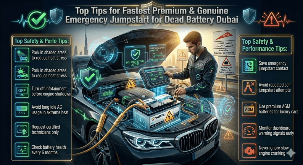 Infographic showing essential tips for emergency jumpstart in Dubai including heat protection, battery care, and safe vehicle practices.