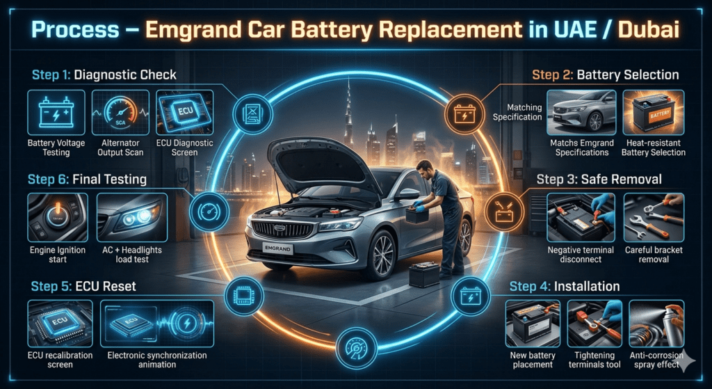 Step-by-step Emgrand car battery replacement process in UAE showing diagnostic check, battery selection, installation, ECU reset, and final testing in Dubai workshop.