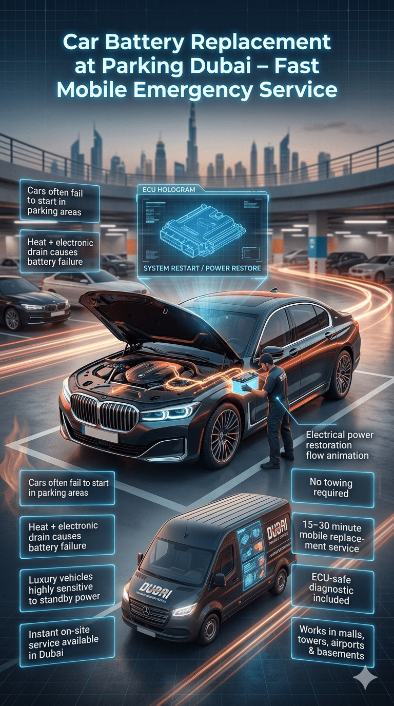 Car battery replacement at parking Dubai infographic showing mobile technician service, luxury car battery failure solution, and on-site emergency replacement in UAE parking areas.