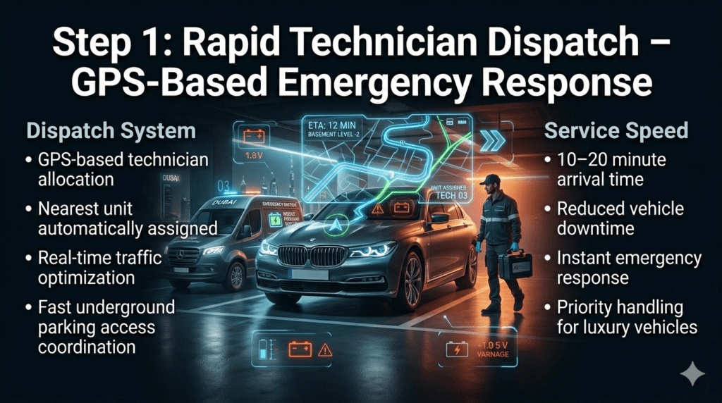 Luxury Dubai apartment parking emergency showing GPS-based technician dispatch system sending mobile battery service to a broken-down car in underground parking.