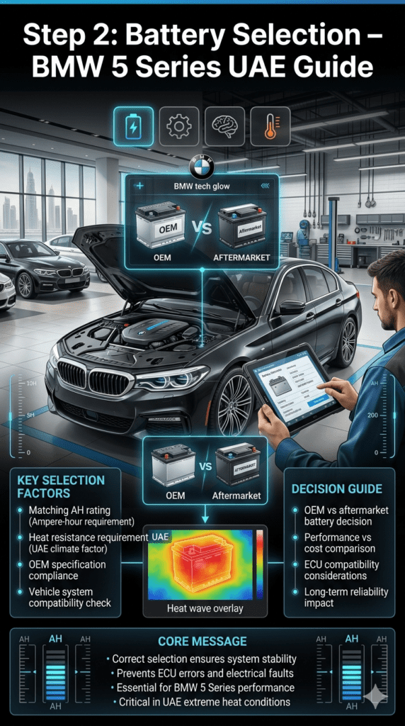 Infographic showing BMW 5 Series battery selection process with AH rating matching, UAE heat resistance requirements, and OEM vs aftermarket decision comparison in a luxury automotive workshop.