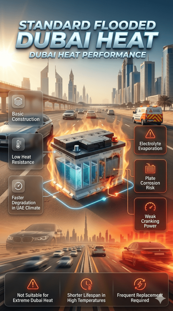 Automotive infographic showing standard flooded car battery with key points like basic construction, low heat resistance, and faster degradation in Dubai heat climate.