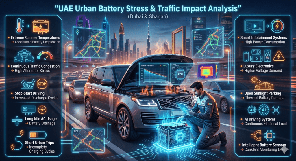 UAE Urban Battery Stress & Traffic Impact Analysis (Dubai & Sharjah) Premium UAE traffic battery stress infographic showing Dubai and Sharjah congestion effects on car batteries with luxury SUV, AI diagnostics, and heat impact analysis.