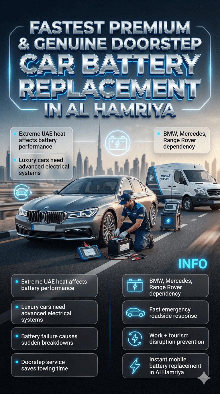 Luxury roadside car battery replacement service in Al Hamriya Dubai showing a technician replacing a car battery in a BMW-style vehicle with Dubai skyline and infographic service points highlighting emergency battery replacement benefits.