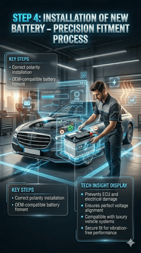 Car battery installation infographic showing correct polarity installation and OEM-compatible battery fitment in luxury Mercedes BMW workshop in Dubai, highlighting precision battery replacement process.