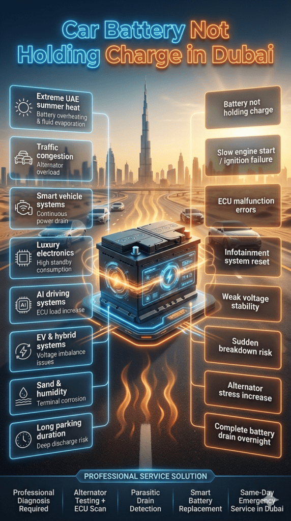 Infographic showing car battery not holding charge issue in Dubai, highlighting extreme heat, traffic congestion, smart vehicle systems, and their impact on modern luxury vehicles and battery performance.