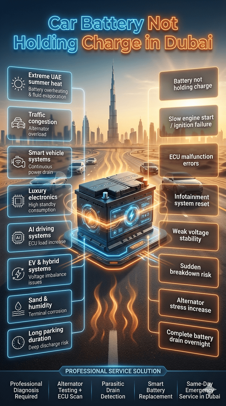 Infographic showing car battery not holding charge issue in Dubai, highlighting extreme heat, traffic congestion, smart vehicle systems, and their impact on modern luxury vehicles and battery performance.