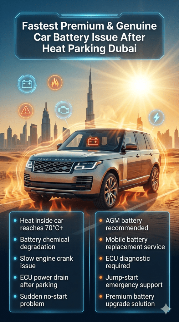 Luxury car parked under extreme Dubai heat showing battery failure issue after heat parking with infographic points explaining causes and solutions.