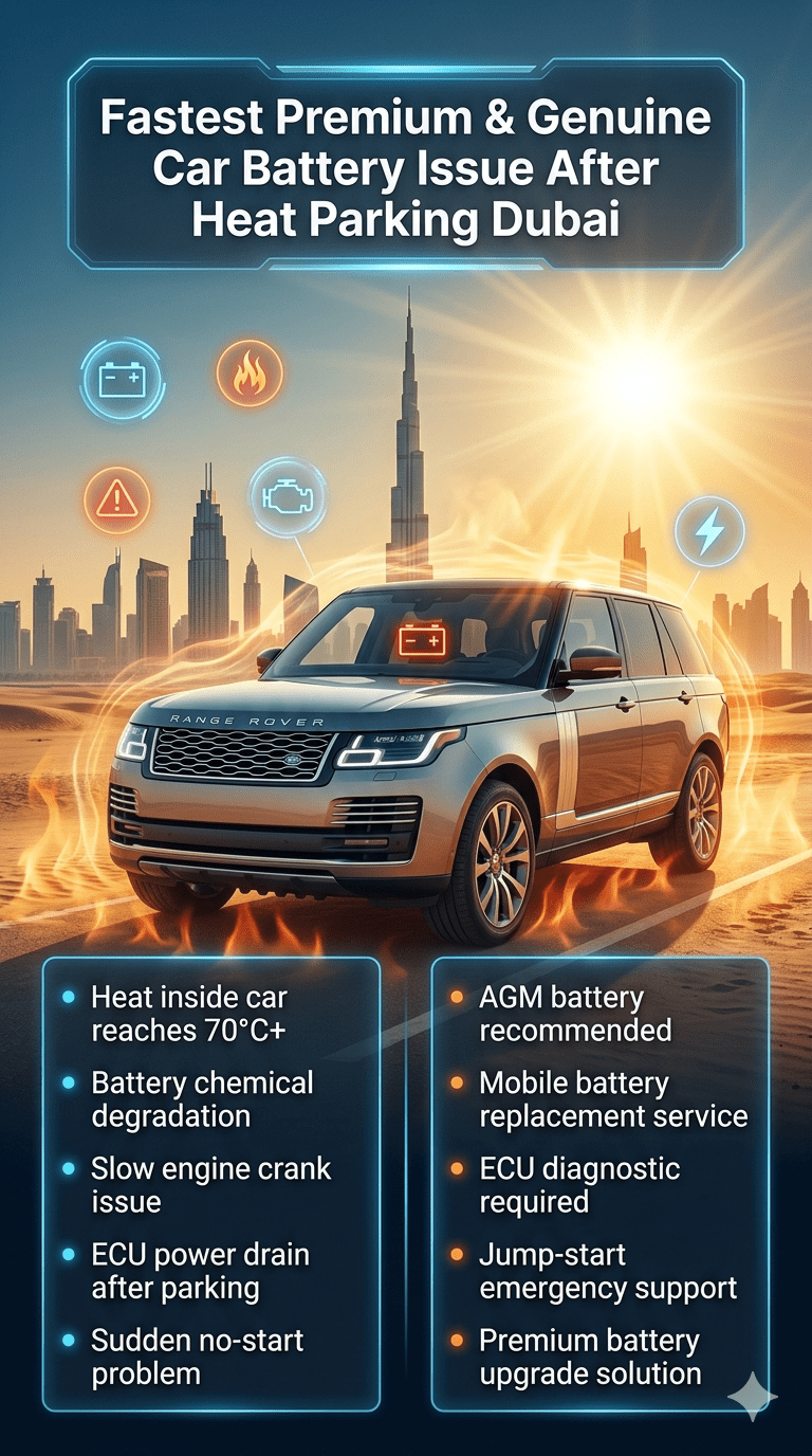 Luxury car parked under extreme Dubai heat showing battery failure issue after heat parking with infographic points explaining causes and solutions.