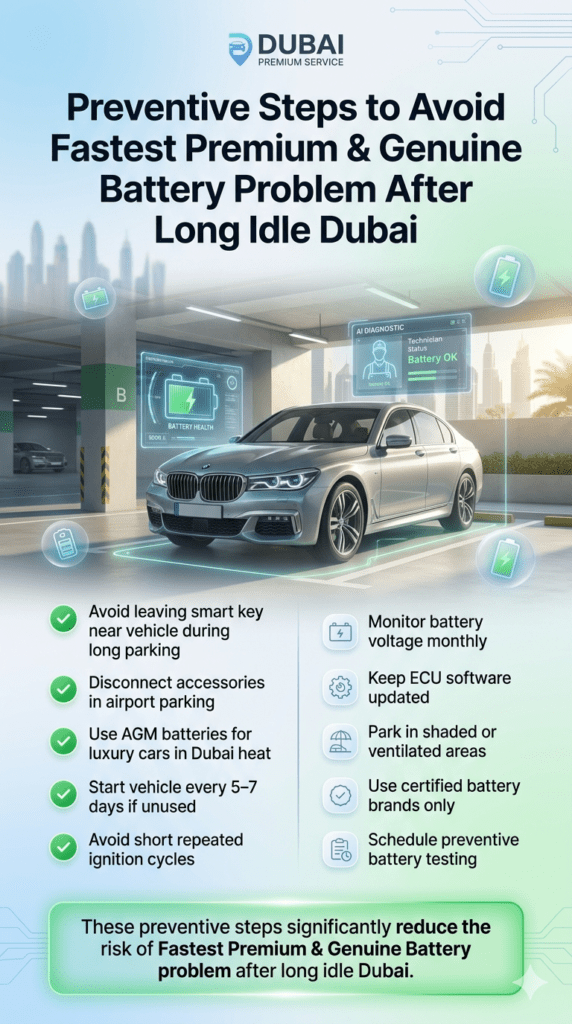 Infographic showing preventive maintenance steps for avoiding car battery failure in Dubai including smart key safety, AGM battery usage, voltage monitoring, and parking best practices.
