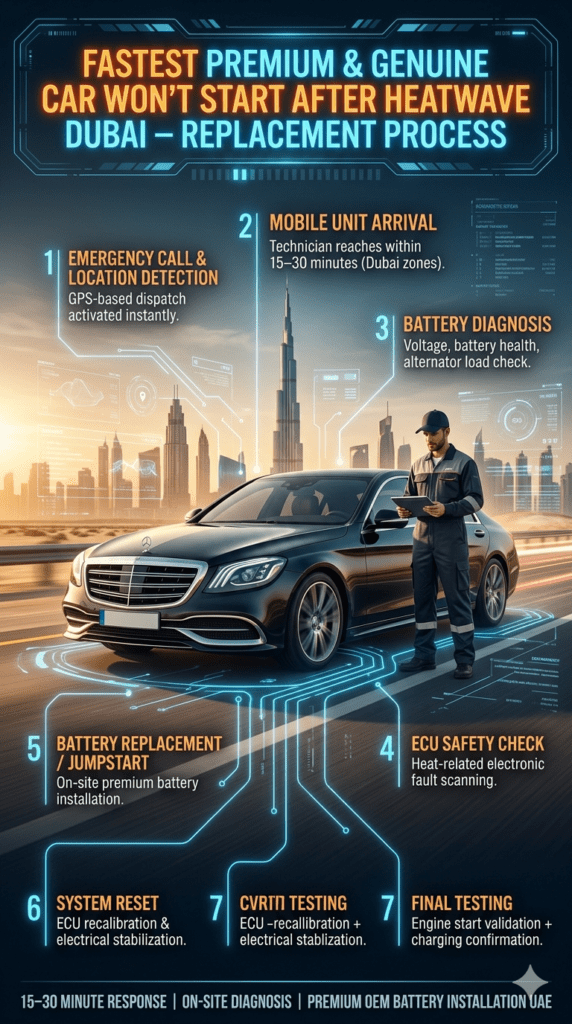 Luxury automotive infographic showing step-by-step car battery replacement process in Dubai heatwave emergency with mobile technician, diagnostic tools, and structured service flow.