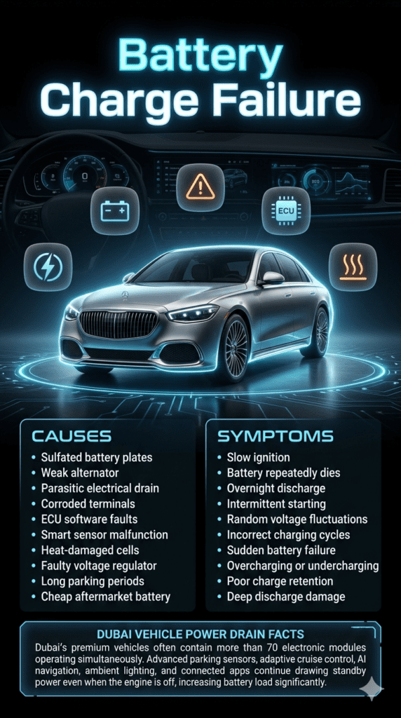 Futuristic automotive infographic showing battery charge failure causes and symptoms, with a luxury car in the center and structured technical panels on both sides.