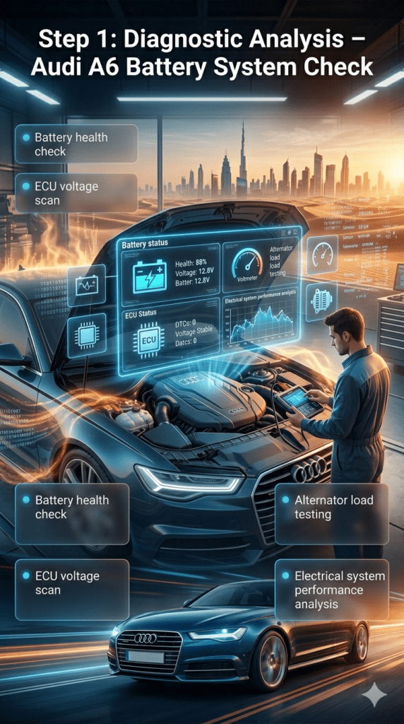 Premium infographic showing Step 1 Diagnostic Analysis for Audi A6 battery replacement in UAE, including battery health check, ECU scan, and alternator load testing in a luxury workshop.