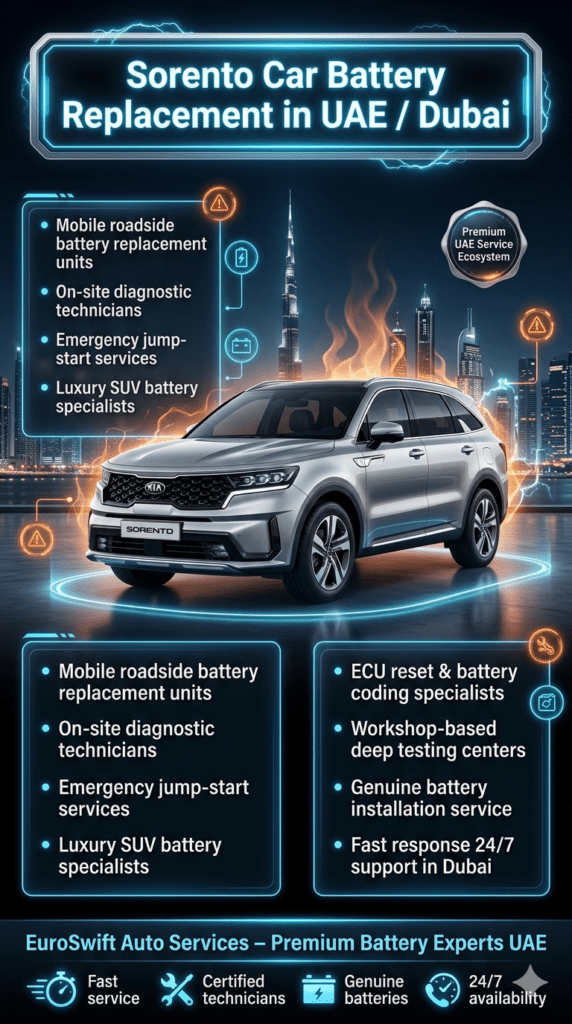 Sorento Car Battery Replacement in UAE / Dubai β Service Ecosystem Guide 2026 Sorento Car Battery Replacement in UAE Dubai service ecosystem infographic showing mobile battery replacement, ECU coding, diagnostic centers, and roadside support system in Dubai.