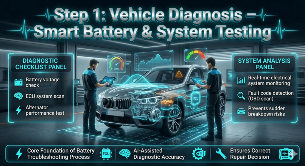 Futuristic automotive infographic showing step 1 vehicle diagnosis including battery voltage check, ECU system scan, and alternator performance test in a smart Dubai garage.