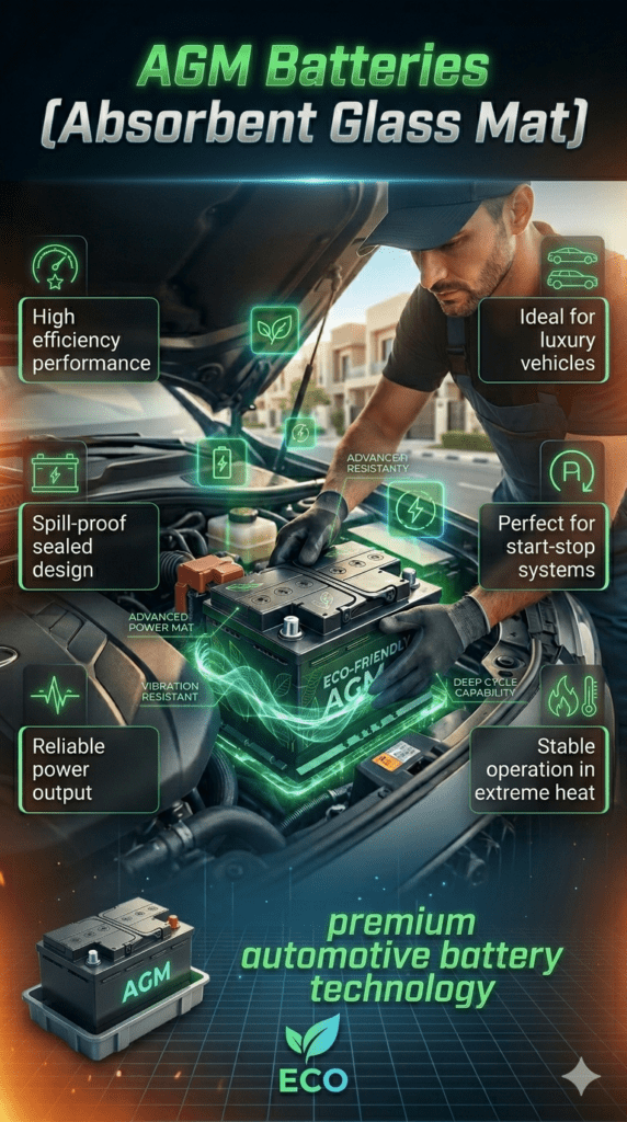 AGM Batteries (Absorbent Glass Mat) – High Efficiency Luxury Car Battery Technology Guide Infographic showing AGM car battery installation in a luxury vehicle with technician, highlighting efficiency, spill-proof design, and suitability for luxury start-stop cars in a futuristic automotive style.