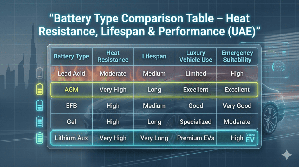 Battery type comparison table showing heat resistance, lifespan, and emergency suitability for car batteries in Dubai UAE conditions