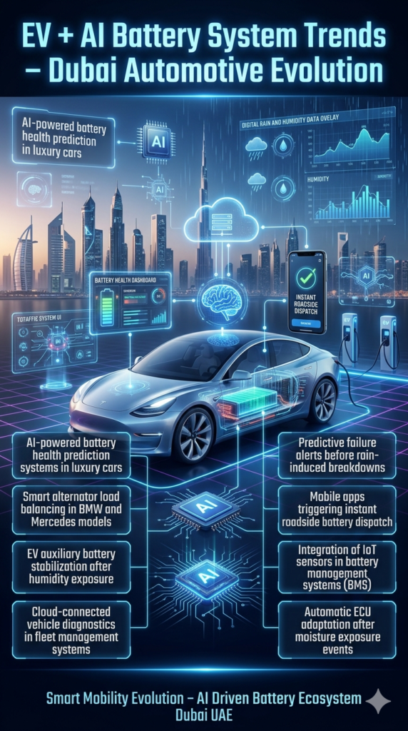 EV and AI Battery System Trends in Dubai Automotive Industry Futuristic infographic showing AI-driven car battery systems in Dubai with EV connectivity, predictive diagnostics, cloud-based monitoring, and smart vehicle technology trends.