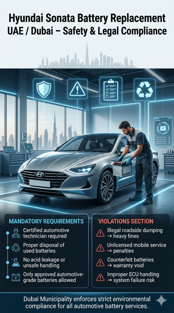 Automotive compliance infographic showing Hyundai Sonata battery replacement regulations in UAE, including safety rules, certified technician requirements, and legal violations with a professional workshop background.