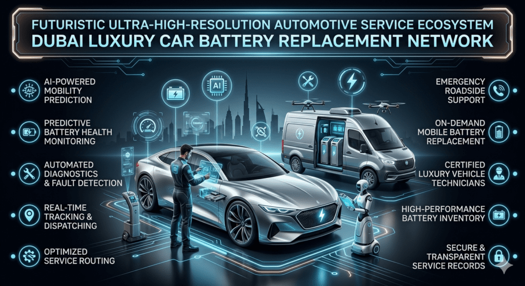 Futuristic infographic showing Dubai luxury car battery replacement ecosystem with a central luxury car and service van, surrounded by structured side panels listing mobile battery services, OEM suppliers, AI diagnostics, and battery brands in a premium neon-themed design.