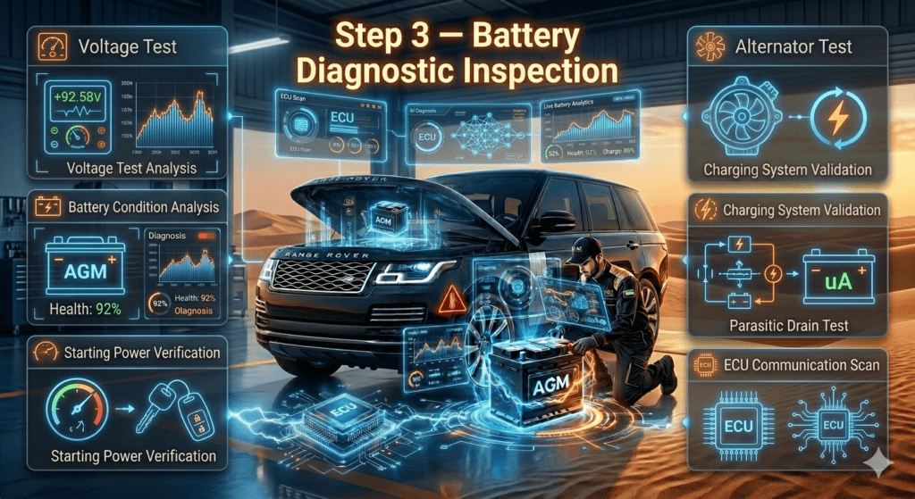 Premium automotive diagnostic infographic showing luxury SUV, AGM battery testing, ECU scan systems, and AI-powered battery inspection technology in UAE.
