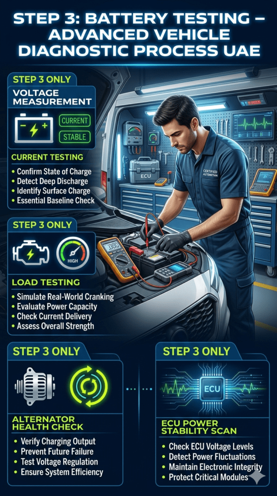 Step 3: Battery Testing – Advanced Vehicle Diagnostic Process UAE Premium automotive infographic showing battery testing process with voltage measurement, load testing, alternator check, and ECU scan displayed in structured panels.