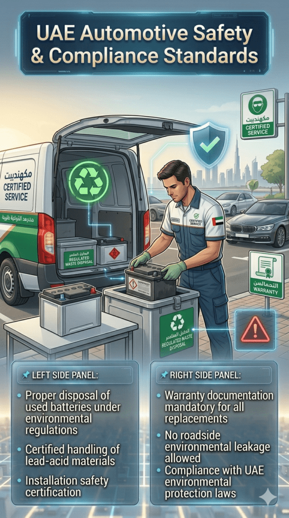 Certified technician safely handling car battery replacement and disposal in UAE roadside service environment showing compliance with environmental regulations, safety certification, and warranty documentation standards.
