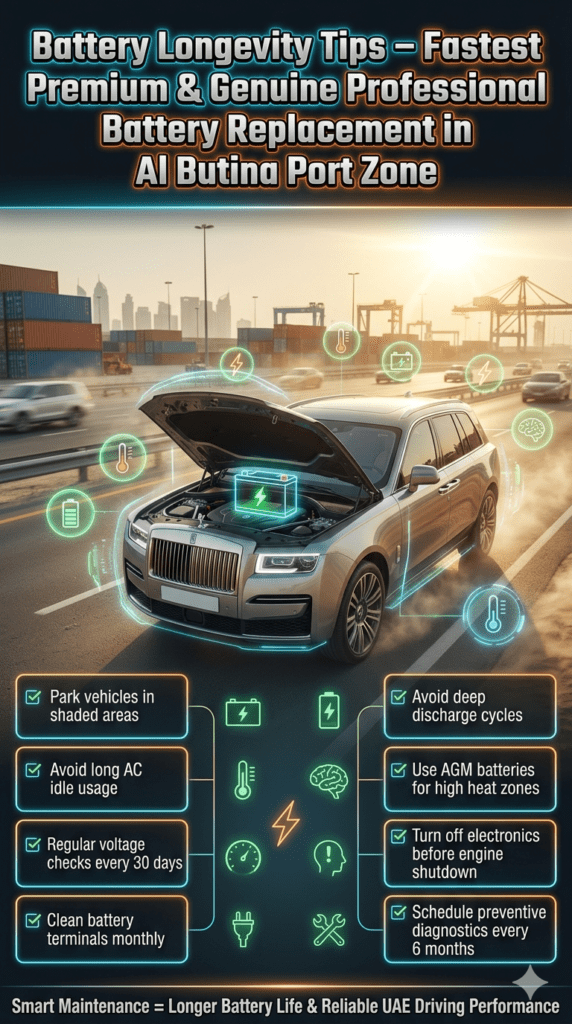 Luxury car battery maintenance tips infographic in Al Butina Port Zone showing UAE heat conditions with guidance like shaded parking, voltage checks, and AGM battery usage.