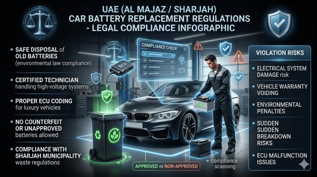 Infographic showing legal requirements for car battery replacement in UAE including safe disposal, certified technicians, ECU coding, counterfeit prevention, and compliance with Sharjah Municipality regulations.