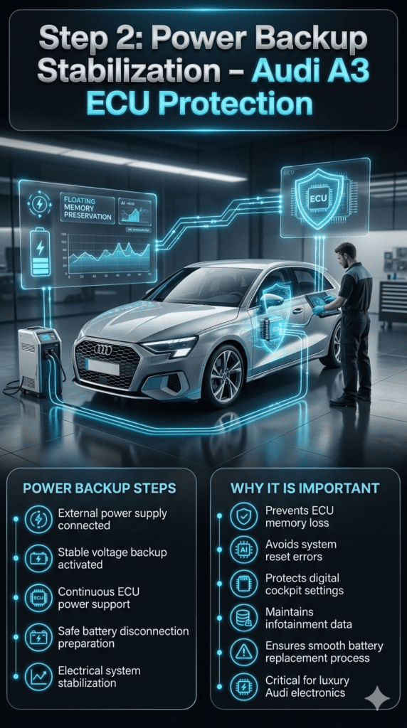 Luxury automotive infographic showing Audi A3 connected to external power supply with ECU memory protection and voltage stabilization system in futuristic Dubai workshop.