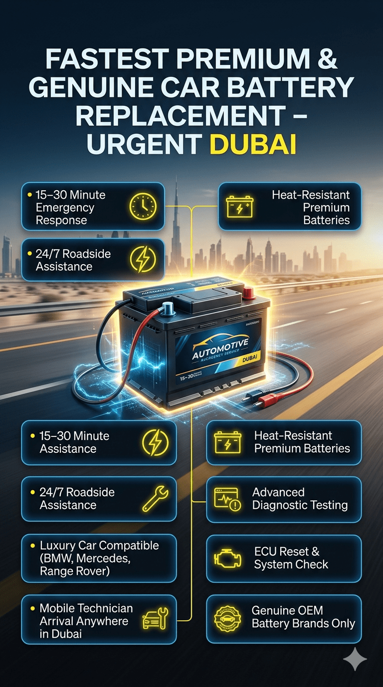 Fastest Premium & Genuine car battery replacement urgent Dubai infographic showing emergency roadside service, premium car battery brands, luxury vehicles, and 24/7 mobile battery replacement in UAE heat conditions.