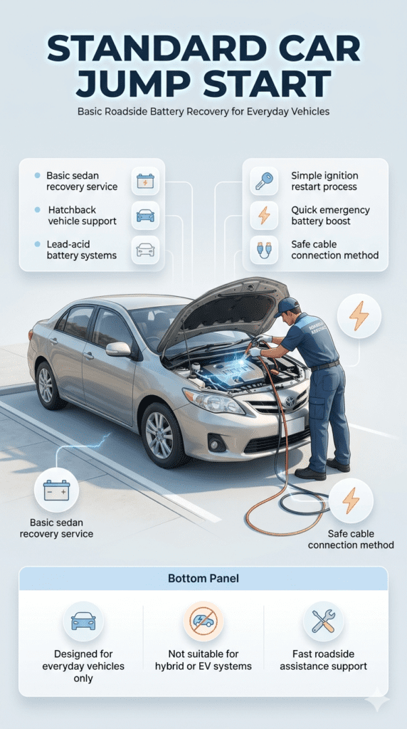 Premium automotive infographic showing a standard car jump start being performed on a sedan in a clean roadside environment, with technician using booster cables and side panels listing basic recovery features and simple ignition restart process in a modern minimalist style.