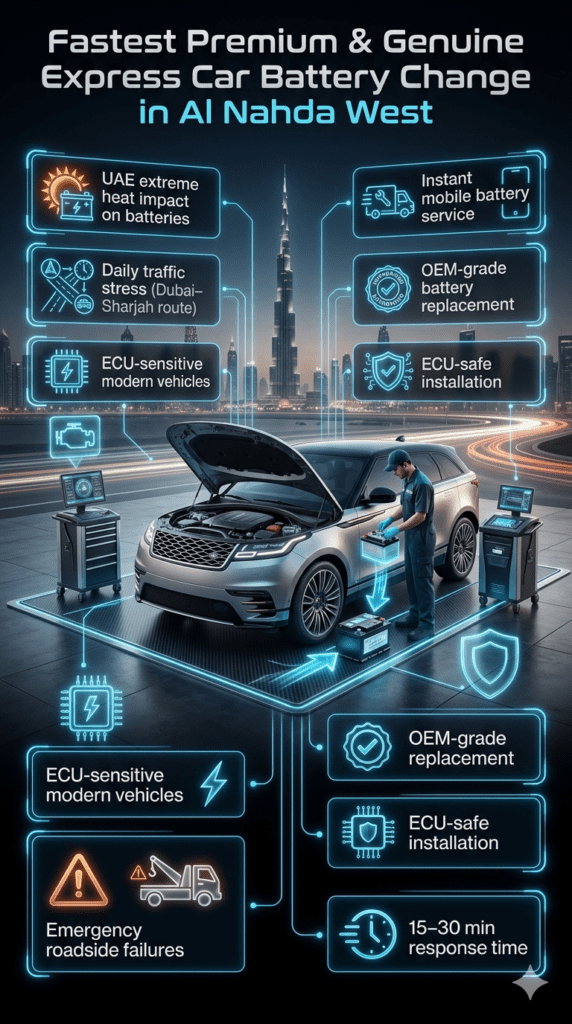 Premium infographic showing fastest car battery replacement service in Al Nahda West with luxury car, mobile technician, and UAE automotive emergency highlights displayed in side panels.