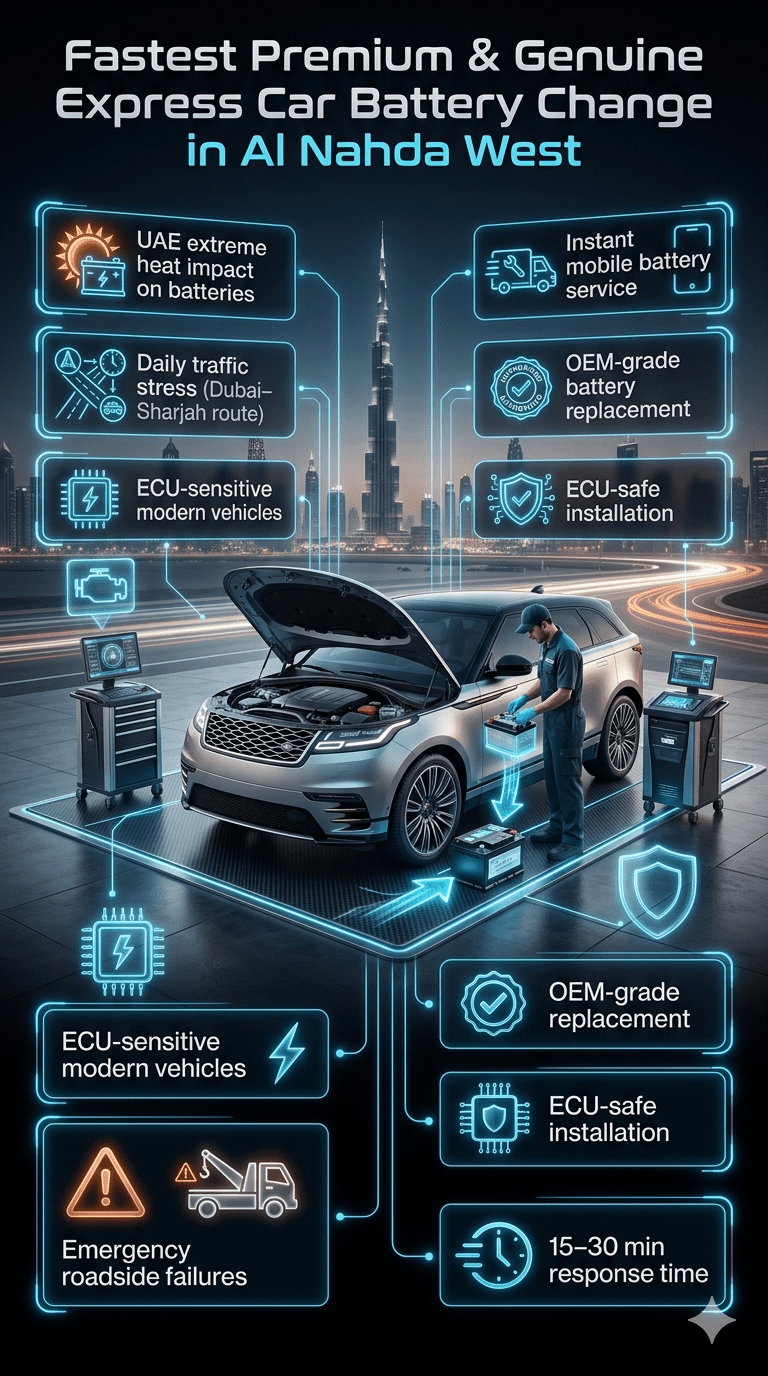Premium infographic showing fastest car battery replacement service in Al Nahda West with luxury car, mobile technician, and UAE automotive emergency highlights displayed in side panels.