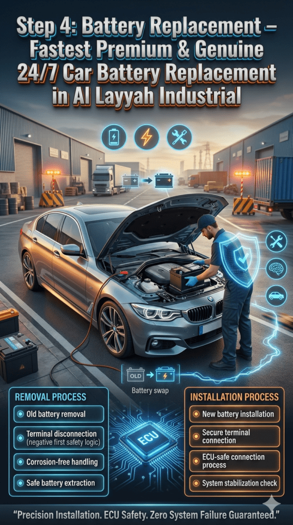 Fastest Premium & Genuine 24/7 Car Battery Replacement in Al Layyah Industrial β Step 4 Battery Replacement Process Luxury car battery replacement process in Al Layyah Industrial showing old battery removal, new battery installation, and ECU-safe connection by professional technician.