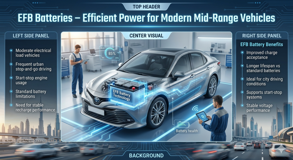 Mid-range car equipped with EFB battery technology shown in a modern workshop with digital energy flow indicators and infographic panels explaining benefits and usage in urban driving.