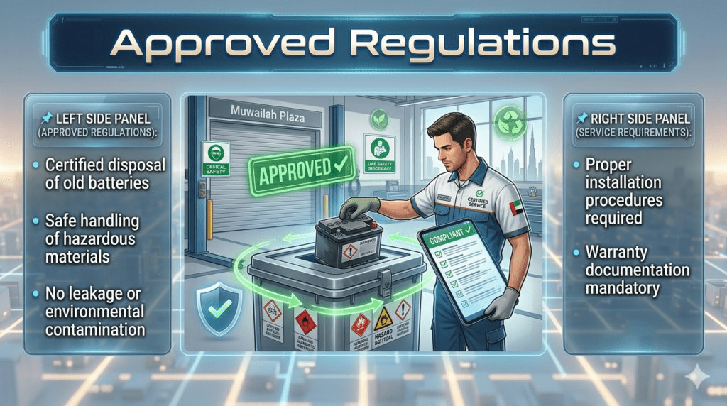 Infographic showing UAE approved regulations for car battery replacement including certified disposal, safe handling of hazardous materials, no leakage policy, proper installation procedures, and warranty documentation requirements.