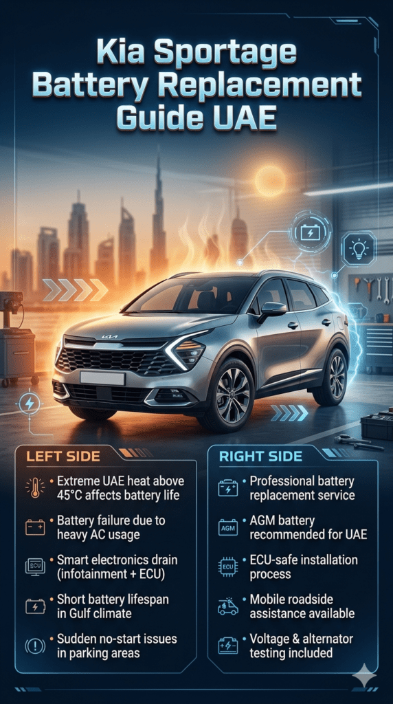 Kia Sportage SUV battery replacement infographic showing UAE heat effects, battery failure causes on left side and professional solution steps on right side with central car image and Dubai automotive background.