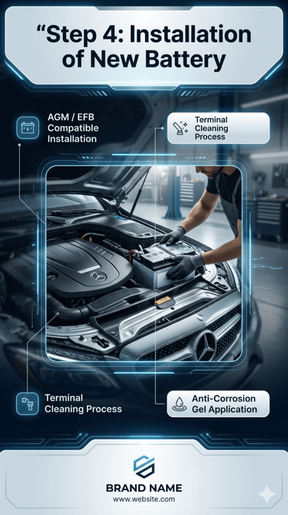 Luxury automotive infographic showing Step 4: Installation of new car battery with AGM/EFB compatibility, terminal cleaning, and anti-corrosion gel application in a premium workshop environment.