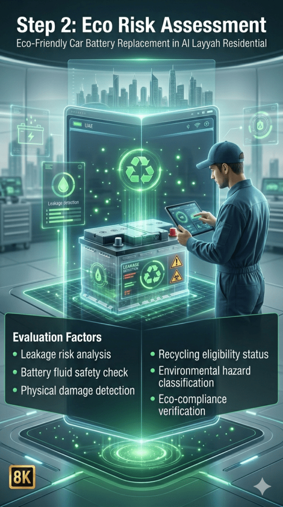 Step 2: Eco Risk Assessment – Battery Safety & Environmental Evaluation Guide Infographic showing eco risk assessment process for car battery replacement with technician scanning battery for leakage risk, recycling eligibility, and environmental hazard classification in a futuristic UI style.