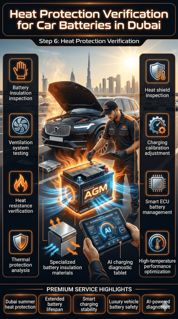 Heat Protection Verification for Car Batteries in Dubai Premium automotive infographic showing Dubai roadside technicians inspecting car battery insulation, ventilation systems, heat shields, and charging calibration during extreme UAE summer conditions.