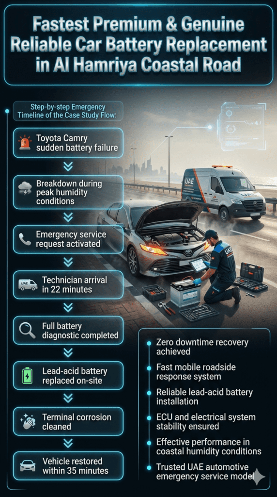 Luxury automotive case study infographic showing Toyota Camry breakdown on Al Hamriya Coastal Road with mobile technician replacing battery, diagnostic tablet use, and step-by-step emergency recovery timeline in UAE coastal conditions.