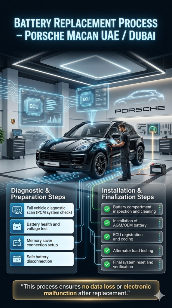 Luxury infographic showing Porsche Macan battery replacement process in UAE/Dubai with diagnostic steps, ECU coding, and professional workshop service workflow.